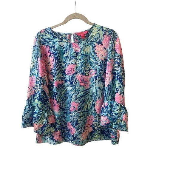 Lilly Pulitzer Christie floral blouse ruffle sleeves sz Large - Picture 1 of 4